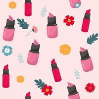 Seamless pattern with pink lipstick vector . Colored background with accessories. Pink lipstick on pastel pink background. Vector illustration