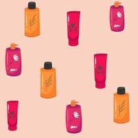 Flat seamless pattern cartoon of cream tubes with hand cream, , cosmetic bottles, cosmetic dispensers and jars on pink vector