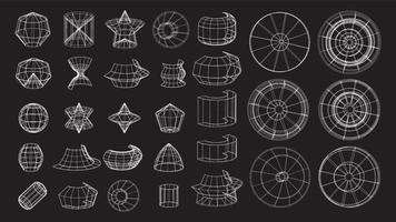 conjunto de elementos tecnológicos geométricos abstractos al estilo cyberpunk. colección retro vintage diseño digital virtual 3d. textura años 80 vr. patrón de metaverso futurista. fondo de plantilla aislada vectorial vector