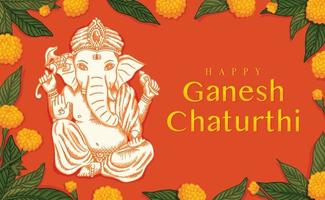 celebre la adoración del elefante ganesh chaturthi con adoración flores amarillas y hoja de mango retro antiguo arte de línea grabado vector