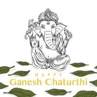 celebrate Ganesh Chaturthi elephant worship with mango leaf  retro old line art etching vector