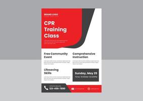 Plantilla de póster de volante de capacitación en RCP y primeros auxilios. diseño de afiches del volante del curso de capacitación en cpr. diseño de volante de entrenamiento de RCP para adultos de primeros auxilios. vector