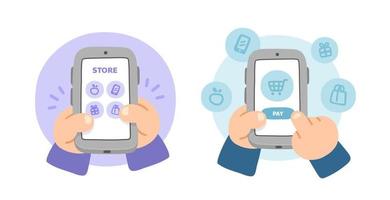 cute hands using smartphone for online shopping vector