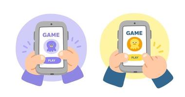 cute hands using smartphone for playing game vector