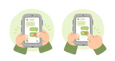 cute hand using smartphone to send message in chat application vector