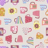 Seamless pattern of vintage mugs. Hand-drawn with a naive Scandinavian style vector