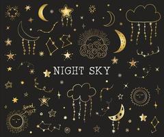 Collection of celestial elements in gold color clouds, sun, moon, stars, meteorites, constellations, comets, space, sky, night. For design of postcards, business cards, prints vector