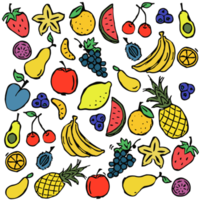 färgade frukter ikoner. doodle illustration med frukt ikoner. vintage vegetarisk set ikoner png