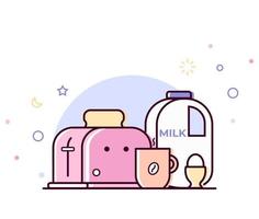 Happy morning breakfast. Toaster, cup of coffee, milk, egg, bread are drawn in a line flat style. Pastel colors. vector