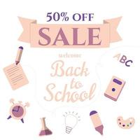 Welcome back to school sale background with school tools. vector