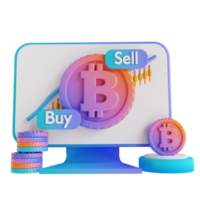3d ilustración podio monitor bitcoin comercio compra y venta