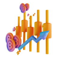 3D illustration colorful bitcoin candle stick up png