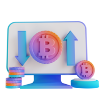 Monitor de podio de ilustración 3d comercio de bitcoin hacia arriba y hacia abajo png