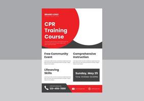 Plantilla de póster de volante de capacitación en RCP y primeros auxilios. diseño de afiches del volante del curso de capacitación en cpr. diseño de volante de entrenamiento de RCP para adultos de primeros auxilios. vector