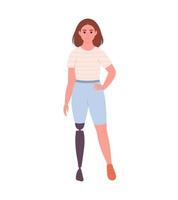 mujer joven discapacitada con prótesis de pierna. personaje femenino con discapacidad fisica vector