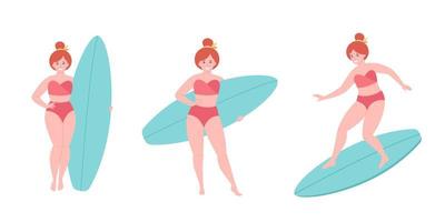 Woman with surfboard. Summer activity, water sport, surfing. Hello summer. Summer Vacation vector