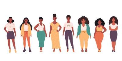 Black women of different body types, hairstyles, age. Social diversity of people in modern society. Fashionable casual outfit. vector