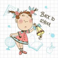 Cute girl with pigtails goes to school. A schoolgirl with a school bell.Back to school. Vector