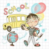 A cute boy student with balloons and a backpack goes to school. Back to school. The school bus. Vector