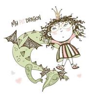 Cute fairy Princess with her pet dragon. Vector. vector