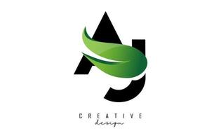 Vector illustration of abstract letters AJ a j with green leaf design.