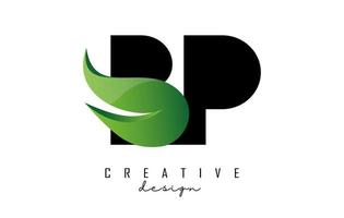 Vector illustration of abstract letters BP b P with fire flames and Green swoosh design.