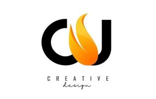 Vector illustration of abstract letters CU c u with fire flames and orange swoosh design.