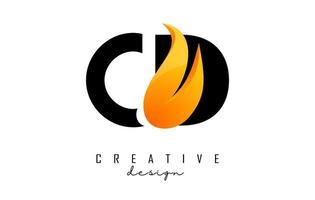 Vector illustration of abstract letters CD c d with fire flames and orange swoosh design.