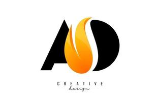 Vector illustration of abstract letters AO a o with fire flames and Orange Swoosh design.