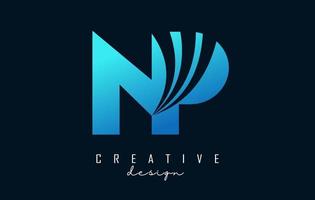 Creative blue letters NP n p logo with leading lines and road concept design. Letters with geometric design. vector