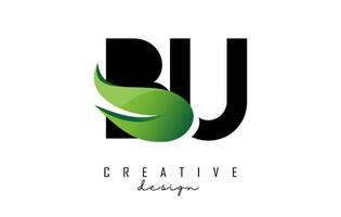 Vector illustration of abstract letters BU b u with fire flames and Green swoosh design.