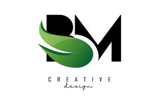 Vector illustration of abstract letters BM b M with fire flames and Green swoosh design.