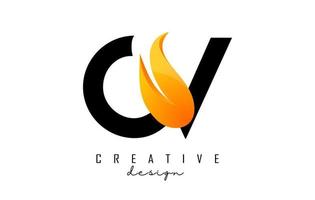 Vector illustration of abstract letters CV c v with fire flames and orange swoosh design.