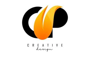 Vector illustration of abstract letters Cp c p with fire flames and orange swoosh design.
