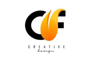 Vector illustration of abstract letters CF c f with fire flames and orange swoosh design.