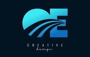 Creative blue letters OE o e logo with leading lines and road concept design. Letters with geometric design. vector