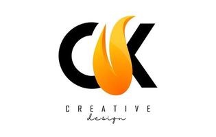 Vector illustration of abstract letters CK c k with fire flames and orange swoosh design.