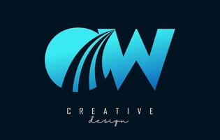 Creative blue letters OW o w logo with leading lines and road concept design. Letters with geometric design. vector