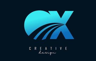 Creative blue letters OX o x logo with leading lines and road concept design. Letters with geometric design. vector