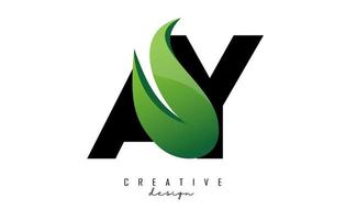 Vector illustration of abstract letters AY a y with green leaf design.