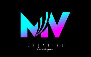 Creative colorful letters MV m v logo with leading lines and road concept design. Letters with geometric design. vector