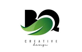 Vector illustration of abstract letters BQ b q with fire flames and Green swoosh design.