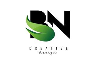 Vector illustration of abstract letters BN b n with fire flames and Green swoosh design.