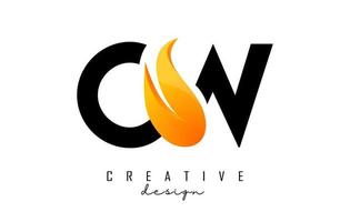 Vector illustration of abstract letters CW c w with fire flames and orange swoosh design.