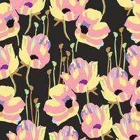 seamless plants pattern on black background with colouful flowers , greeting card or fabric vector