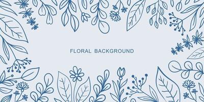 WHITE VECTOR BACKGROUND WITH BLUE DOODLE FLOWERS AND TWIGS ON THE EDGES