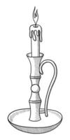 A VECTOR CANDLE IN A CANDLESTICK ISOLATED ON A WHITE BACKGROUND. DOODLE DRAWING BY HAND