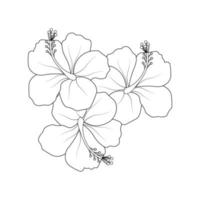 diseño de arte de línea de vector de flor de hibisco rojo sobre fondo blanco y negro para colorear página