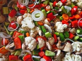 vegan food. assorted vegetables and mushrooms. multicolored food background photo