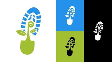 concepto de diseño del logotipo de la comunidad verde de la huella del pie de la bota natural de la hoja vector